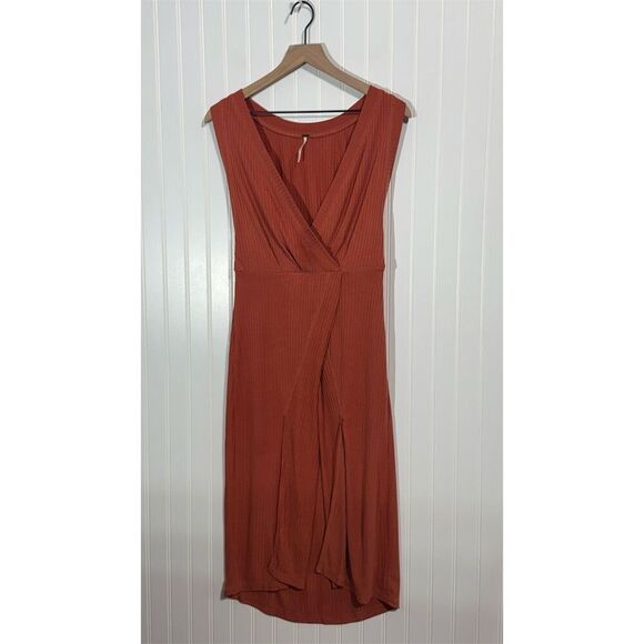Free People Rust Orange Sleeveless Wrap Midi Dress S  Ribbed Knit Boho Festival - Picture 1 of 8